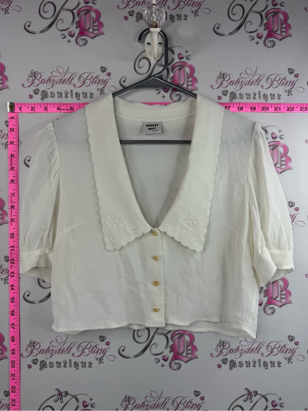 Sunday Best crop cardigan tee Cream Embroidered Collar Button-Front Blouse